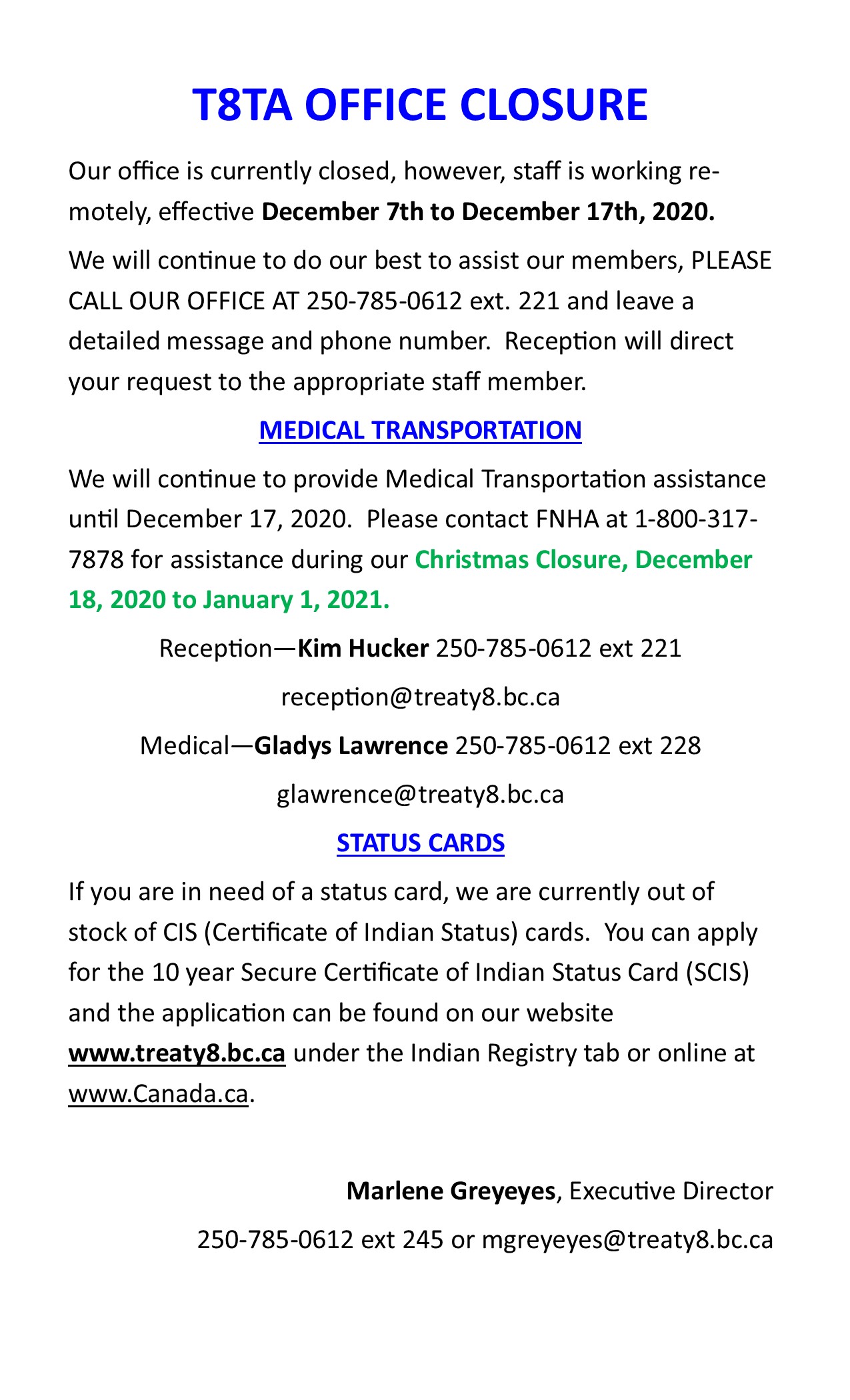 T8TA Office Closure December 2020 @ Treaty 8 Tribal Association